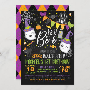 Hey Boo Halloween Birthday Invitation - Blk