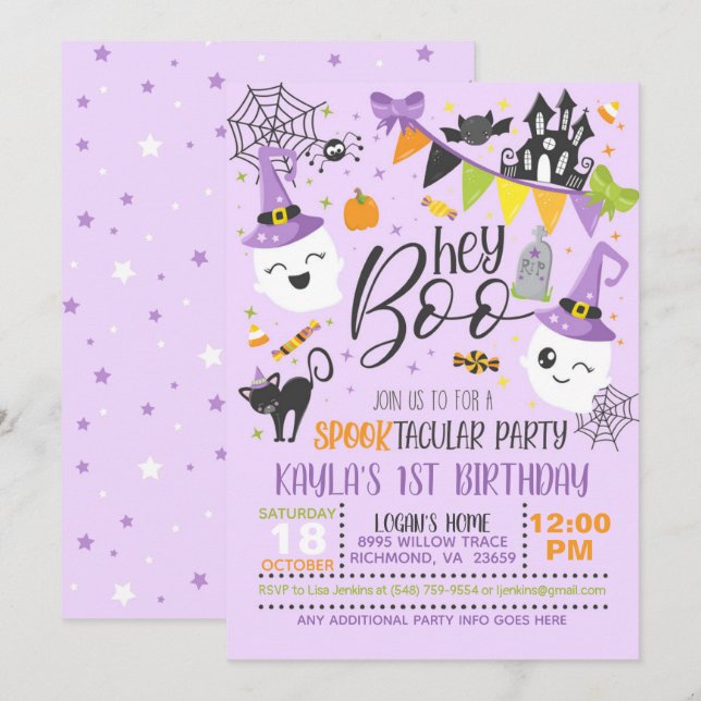 Hey Boo Halloween Birthday Invitation - Purple (Front/Back)