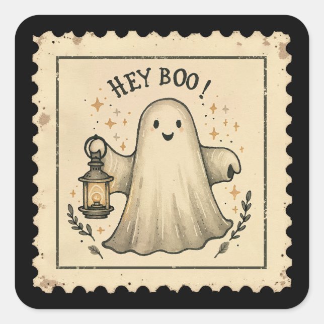 Hey Boo Halloween Ghost Lantern Square Sticker (Front)