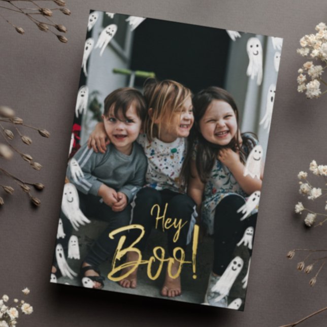 Hey Boo! Halloween Gold Lettering Photo Foil Holiday Card (Creator Uploaded)