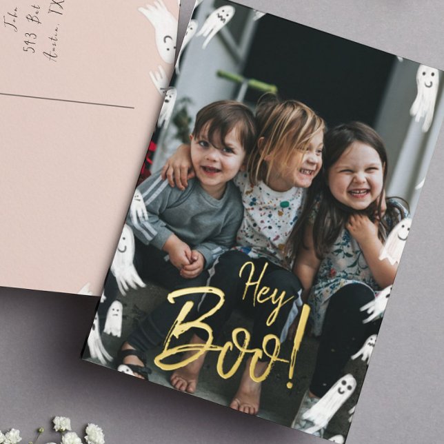 Hey Boo! Halloween Gold Lettering Photo Foil Holiday Postcard (Creator Uploaded)