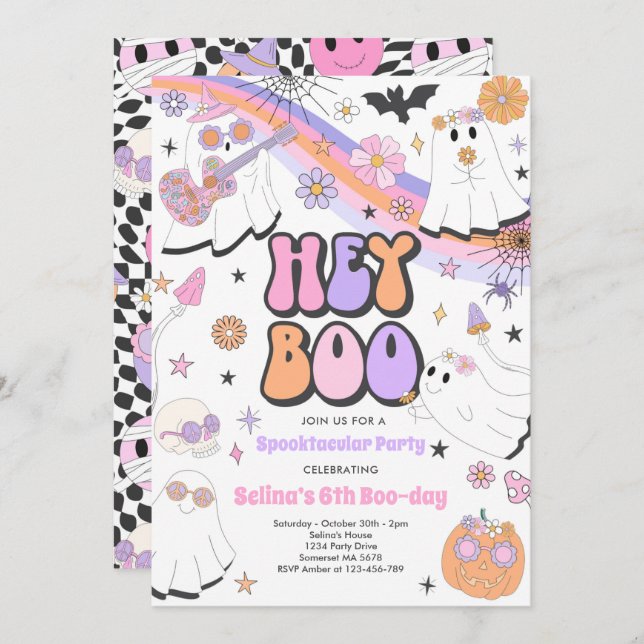 Hey Boo Halloween Groovy Cute Ghost Birthday Party Invitation (Front/Back)