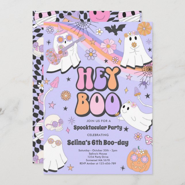 Hey Boo Halloween Groovy Cute Ghost Birthday Party Invitation (Front/Back)