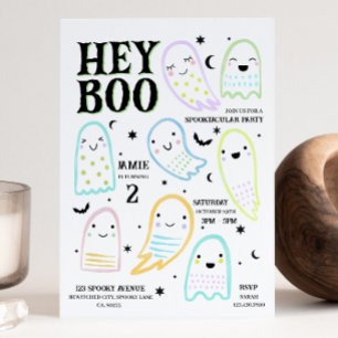 Hey Boo Halloween Pastel Ghost Birthday Invitation