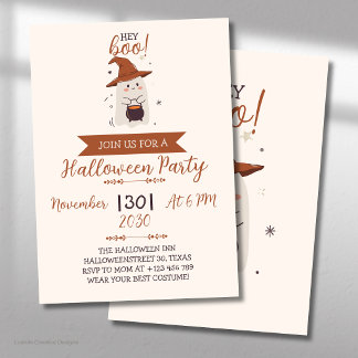 Hey Boo Happy Halloween Ghost With Hat Party Invitation