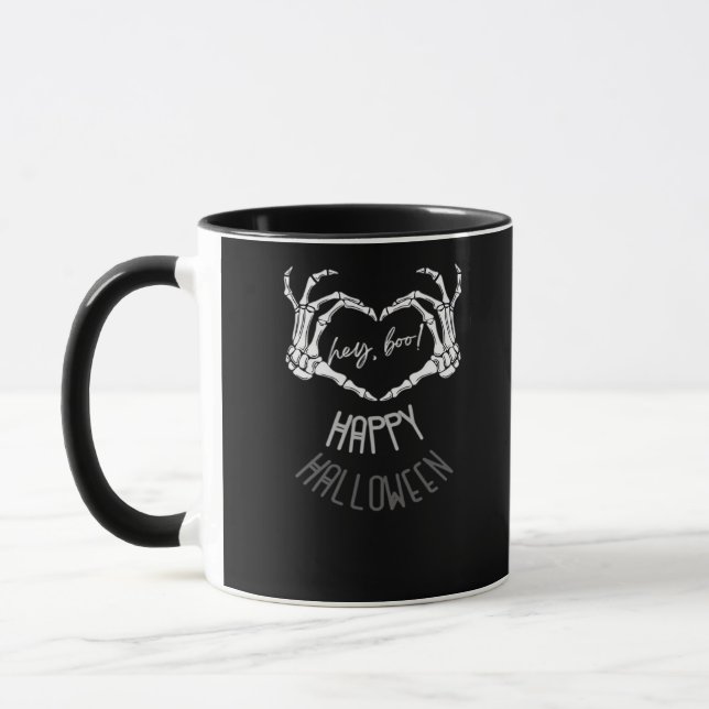 Hey, Boo! Happy Halloween Skeleton Hand Heart Clas Mug (Left)