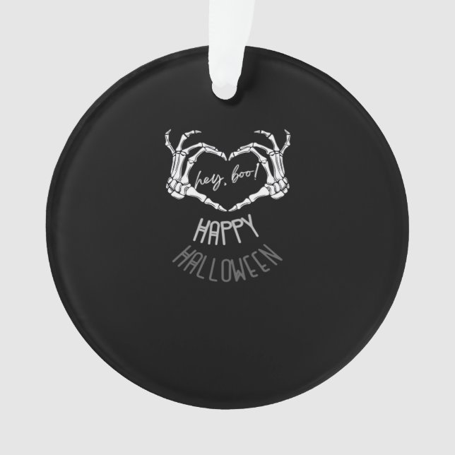 Hey, Boo! Happy Halloween Skeleton Hand Heart Clas Ornament (Front)