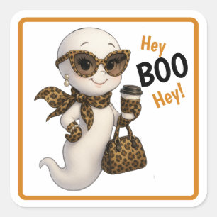 Hey BOO Hey – Glam Leopard Print Bougie Ghost Tee Square Sticker
