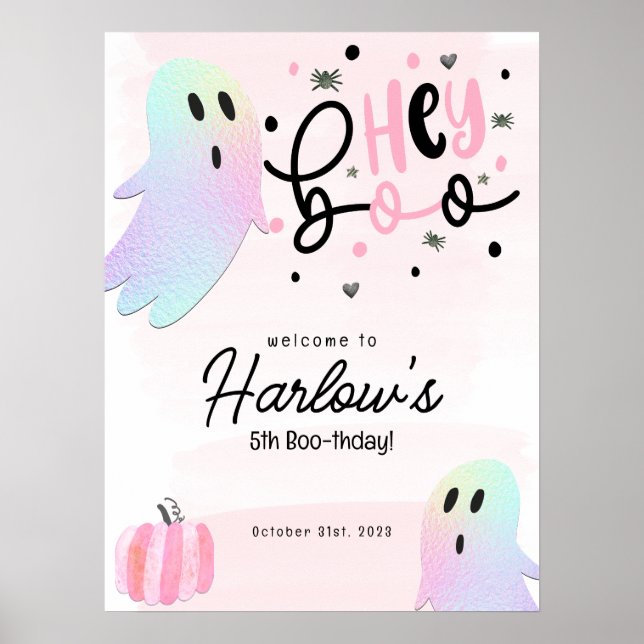 Hey Boo iridescent Ghost PinkHalloween Welcome  Poster (Front)