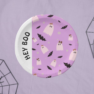 Hey Boo Little ghosts with bows Halloween Paper Plate