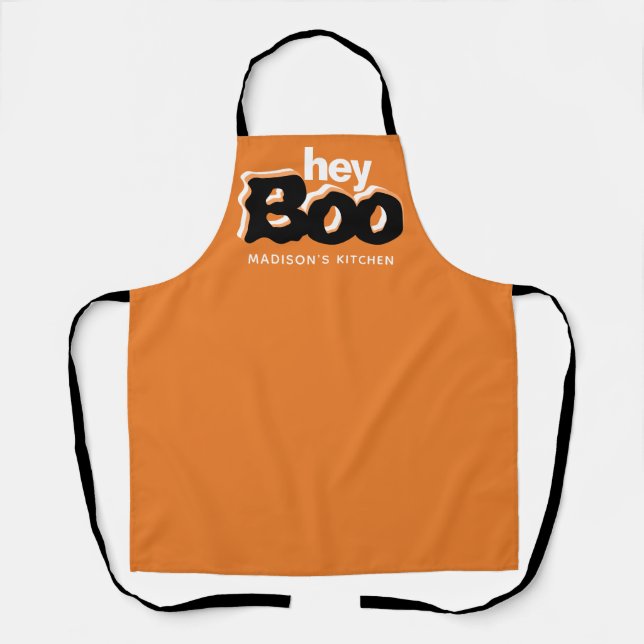 Hey Boo Orange And Black Halloween Personalised Apron (Front)