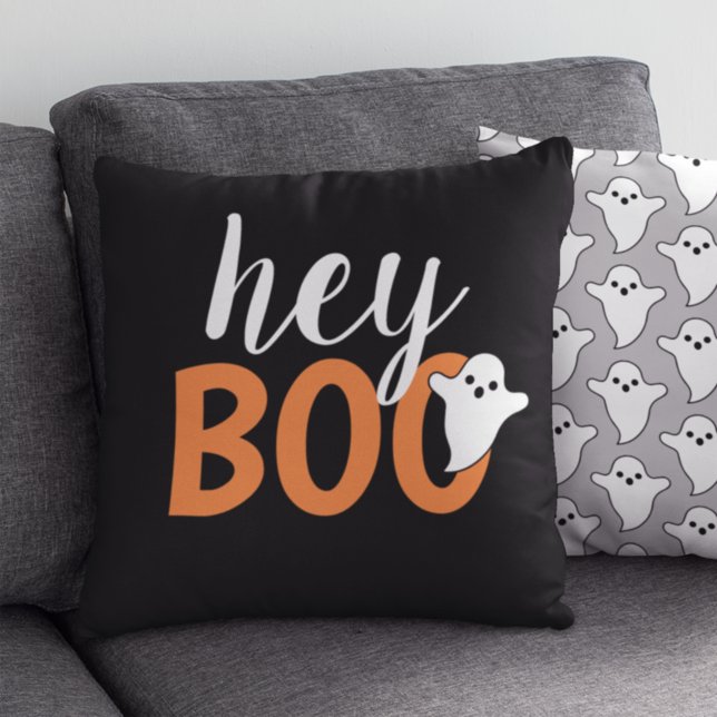 Hey Boo Orange Black Funny Halloween Ghost Cushion (Creator Uploaded)