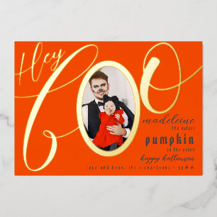 Hey Boo Orange Halloween Gold Lettering Baby Photo Foil Holiday Card