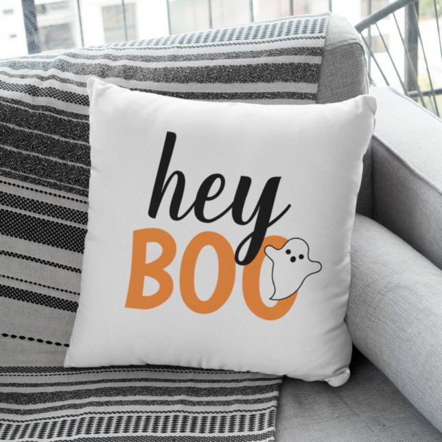Hey Boo Orange White Funny Halloween Ghost Cushion (Creator Uploaded)
