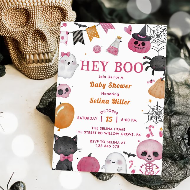 Hey Boo! Pink Halloween Baby Shower Invitation (Creator Uploaded)