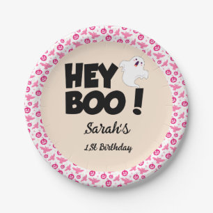 Hey Boo Pink Halloween Ghost Birthday party Paper Plate