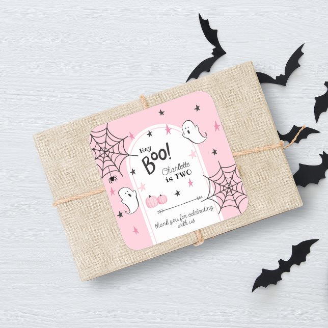Hey Boo Pink Halloween Second Birthday Favour Square Sticker (Creator Uploaded)