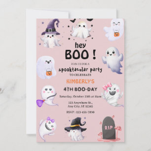 Hey Boo! Pink Lilac Halloween Ghost Girl Birthday Invitation