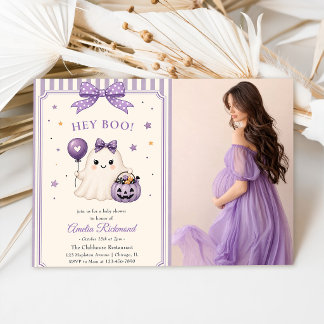 Hey Boo Purple Ghost Halloween Baby Shower Photo Invitation