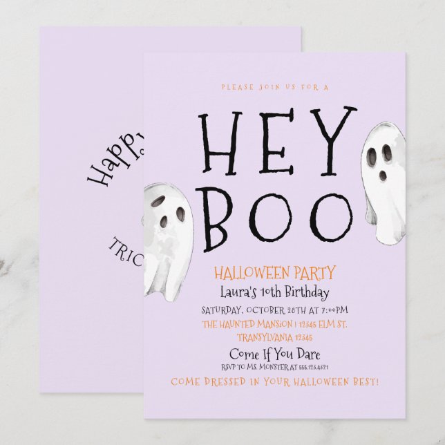 Hey Boo, Purple Ghost Halloween Invitation (Front/Back)