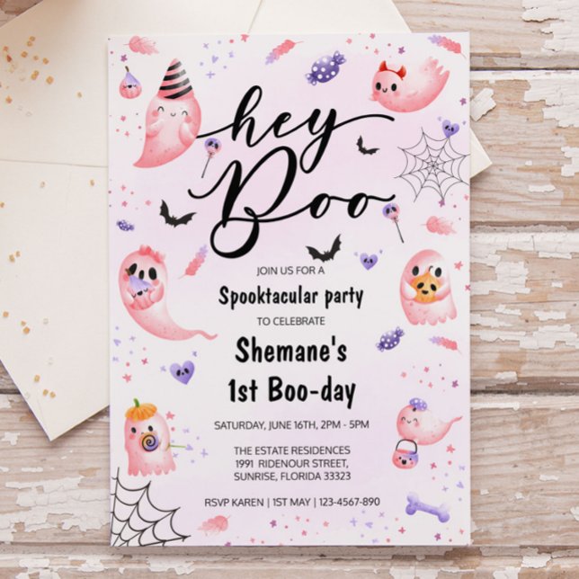 Hey Boo Spooktacular Pink Ghost Halloween Birthday Invitation (Creator Uploaded)