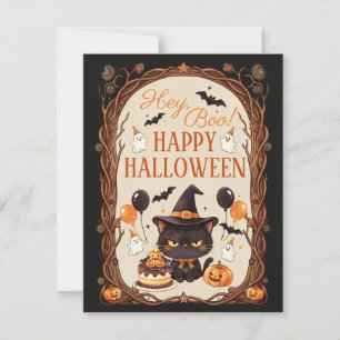 Hey Boo Spooky Cute Black Cat Witch Halloween Card