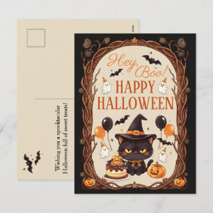 Hey Boo Spooky Cute Black Cat Witch Halloween Holiday Postcard