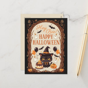 Hey Boo Spooky Cute Black Cat Witch Halloween Holiday Postcard