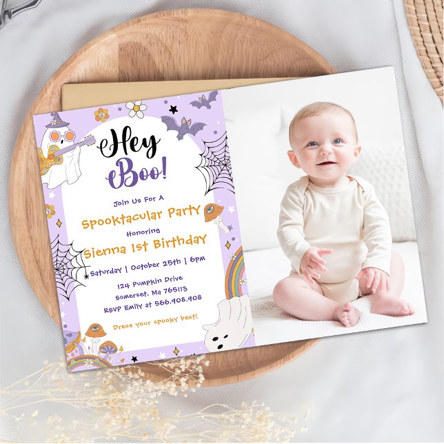Hey Boo! Spooky Halloween Cute Birthday Photo Invitation (Creator Uploaded)