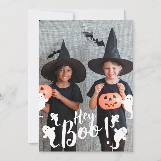 Hey Boo! Spooky Halloween Family Photo Holiday Card (Front)