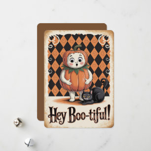 "Hey Boo-tiful!" Cute Pumpkin Black Cat Halloween Holiday Card