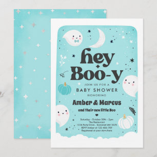 Hey Boo-y Blue Boy Ghost Baby Shower Invitation