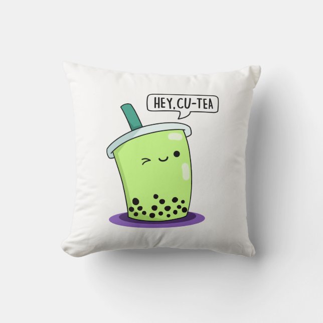Hey Cu-Tea Funny Boba Tea Pun  Cushion (Front)