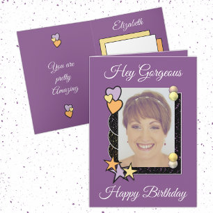 Hey gorgeous hearts stars photo purple birthday card