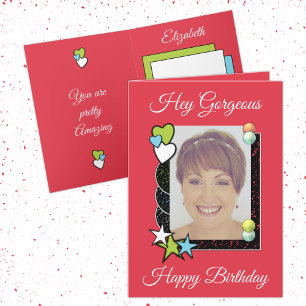 Hey gorgeous hearts stars photo red birthday card