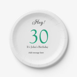 Hey it's 30th birthday green black bold letter nam paper plate