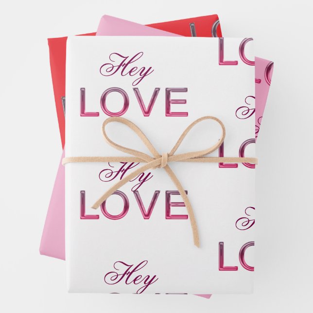 'Hey Love' Wrapping Paper Flat Sheet Set of 3 (In situ)