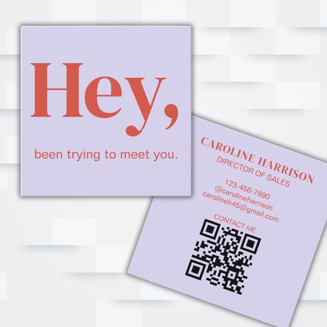 Hey Modern Minimalist Bold Colourful QR Code Square Business Card (Fully customizable to fit your business or social needs.)