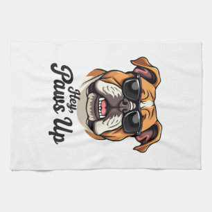 Hey Paws Up Vintage Bulldog with Sunglasses Funny  Tea Towel