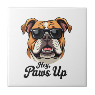 Hey Paws Up Vintage Bulldog with Sunglasses Funny Tile