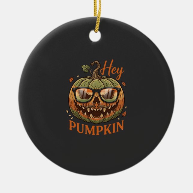 Hey Pumpkin Halloween Jack Lantern Glasses Mustach Ceramic Tree Decoration (Front)
