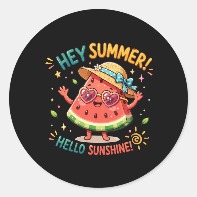 Hey Summer Hello Sunshine Watermelon Classic Round Sticker (Front)