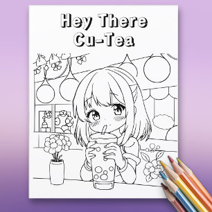 Hey There Cu-tea Boba Anime Adult Colouring Page