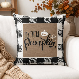 Hey There Pumpkin Burlap Buffalo Plaid Halloween Cushion