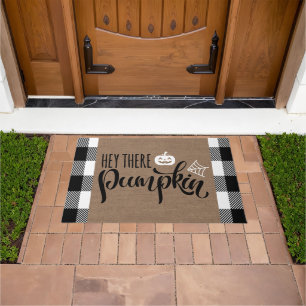 Hey There Pumpkin Halloween Buffalo Plaid Burlap Doormat