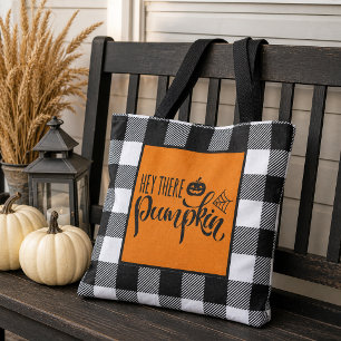 Hey There Pumpkin Orange Halloween Buffalo Plaid Tote Bag