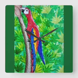 Hey, There’s a Scarlet Macaw in That Tree! Square Wall Clock