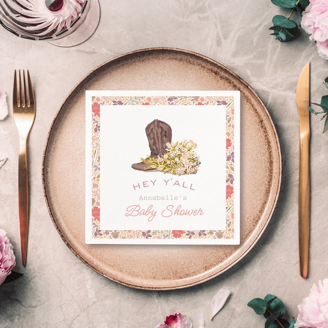 Hey Y'all Cowboy Boot & Bouquet Girl Baby Shower Napkin (Creator Uploaded)