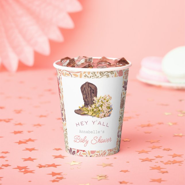 Hey Y'all Cowboy Boot & Bouquet Girl Baby Shower Paper Cups (Insitu)