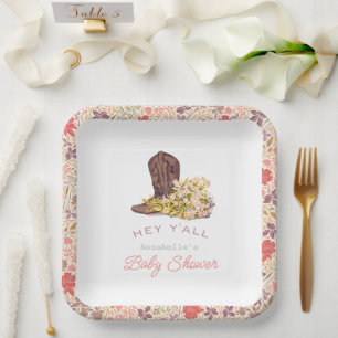 Hey Y'all Cowboy Boot & Bouquet Girl Baby Shower Paper Plate